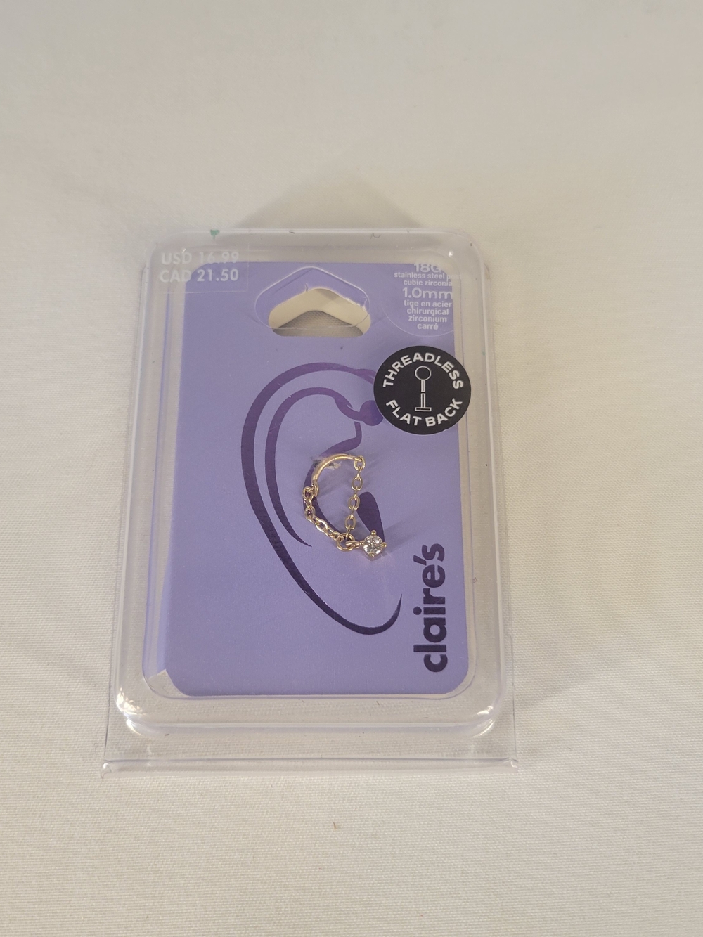 Claire's Threadless Flatback 18G Stainless Steel Gold Chain Stud CZ 1mm